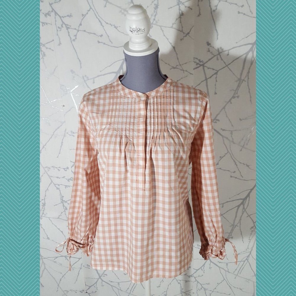 J. Crew Orange Gingham Checks Tie Sleeve Pintuck Popover Blouse